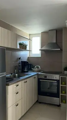 a kitchen with a sink and a stove top oven at Lily of Crete 2 - Sea & Beach front Apartment in Kato Galatas