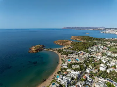an aerial view of a beach with houses and the ocean at Villa Darazzo with Private Pool in Daratso