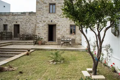 a dog sitting in the grass in front of a building at Agarathos Deluxe Homes In the Heart of Kaliviani Near Balos in Kissamos