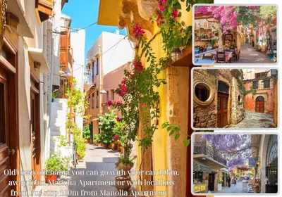 a collage of photos of a city with flowers at Manolia Dream Apartment 30m to the beach in Agia Marina Nea Kydonias