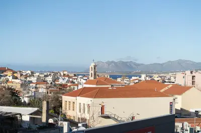 a view of a city with buildings at Helios Residence in Chania Town