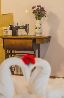 a table with a sewing machine and a vase of flowers at Trouli Rokka House in Kissamos