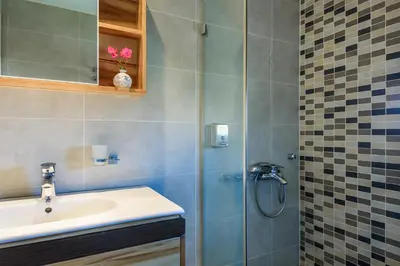 a bathroom with a sink and a shower at Despina Apartments in Plataniás