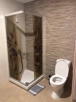 a bathroom with a shower with a toilet and a shower at Faros apartment in Sfakiá