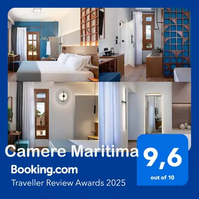 a collage of three pictures of a hotel room at Camere Maritima in Chania Town