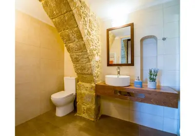 a bathroom with a white toilet and a mirror at Villa Arietta in Kharkhalianá
