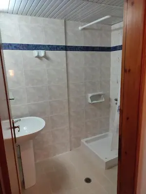 a bathroom with a shower and a sink and a toilet at Kyriaki Hotel in Kato Daratso