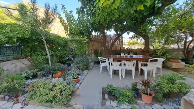 a patio with a table and chairs in a garden at Artemis Studios in Agia Roumeli