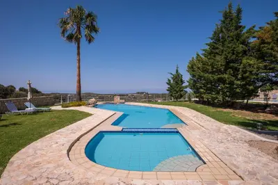 a swimming pool in a yard with a palm tree at Athina Luxury Villas in Xamoudhokhórion