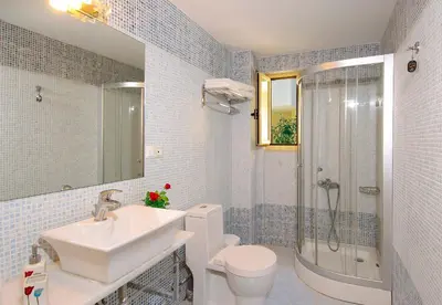 a bathroom with a sink and a toilet and a shower at Lissos Beach in Plataniás