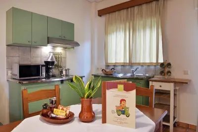 a kitchen with green cabinets and a table with a box on it at Sissy Village All Suite Hotel in Kounoupidhianá