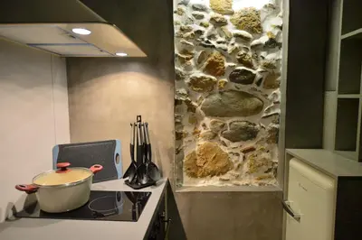 a kitchen with a stove and a stone wall at CAVE Luxury House in Kissamos