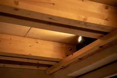 a wooden ceiling with a light on it at Casa Sorvolou in Chania Town