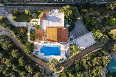 an overhead view of a building with a swimming pool at Villa Nikis in Chania Town