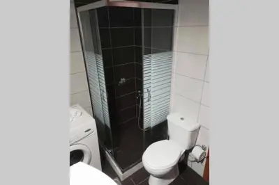 a bathroom with a white toilet and a shower at Georgia's Village House in Kaláthenai