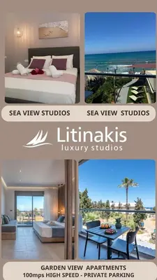 a collage of two pictures of a room with a bed and a beach at Litinakis Studios Sea View & Litinakis Studios Garden View 700 meters away in Agia Marina Nea Kydonias