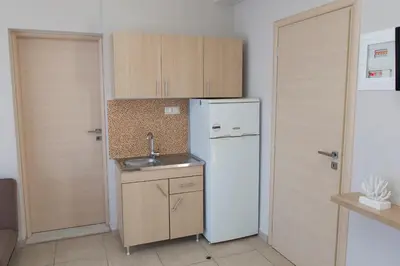 a kitchen with a white refrigerator and a sink at Litinakis Studios Sea View & Litinakis Studios Garden View 700 meters away in Agia Marina Nea Kydonias