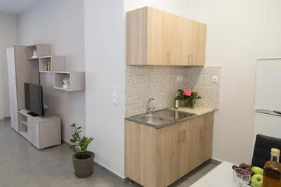 a kitchen with a sink and a tv in a room at Litinakis Studios Sea View & Litinakis Studios Garden View 700 meters away in Agia Marina Nea Kydonias