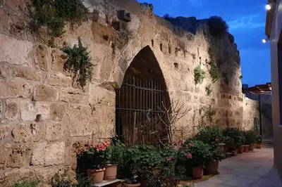 a stone wall with a gate and potted plants at 4 Guests - Veneris Residence Apartment in Chania in Chania Town