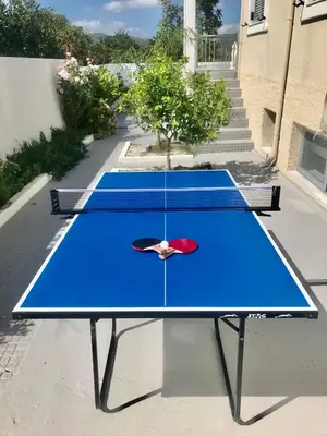 a blue ping pong table in a courtyard at Villa Elena - Private Villa in the heart of nature in Chania Town