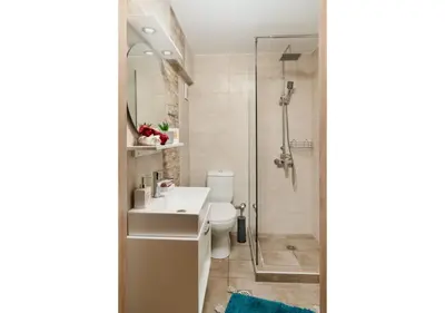 a bathroom with a shower and a toilet and a sink at Poseidon Apartments in Kissamos