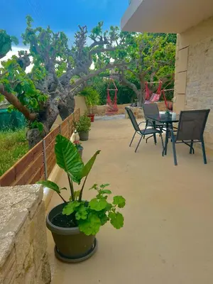 a patio with chairs and a table and a plant at Poseidon Apartments in Kissamos
