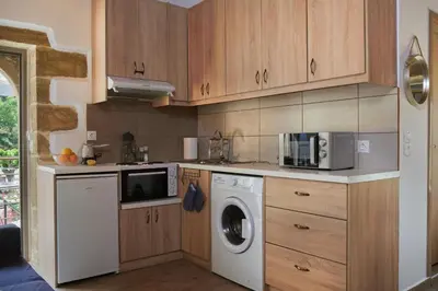 a kitchen with a washing machine and a microwave at Studio Batilas in Kaláthenai