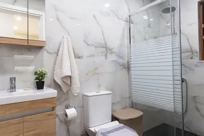 a bathroom with a toilet and a sink and a shower at Gardenia Apartment in Kissamos