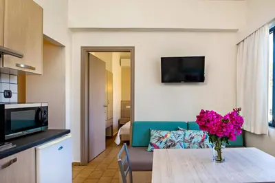 a living room with a couch and a table with flowers at Lefka Apartments in Parigoría