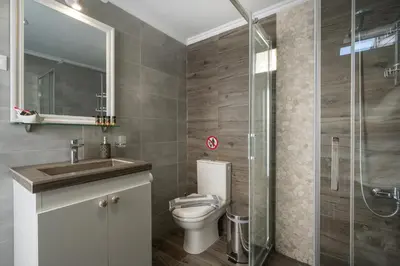 a bathroom with a toilet and a glass shower at Villa Alitocatos in Drapaniás