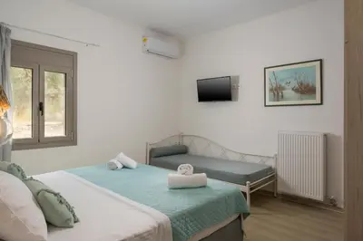 a small bedroom with two beds and a tv at Villa Alitocatos in Drapaniás