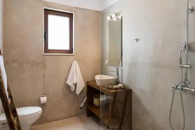 a bathroom with a toilet and a sink and a shower at Villa Thetis Sfakia in Sfakiá