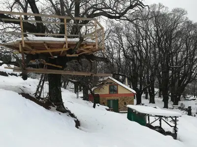 a tree house in the snow next to a building at Hani Kastania - Chania retreat for families and groups for holidays and workshops in Sémbronas