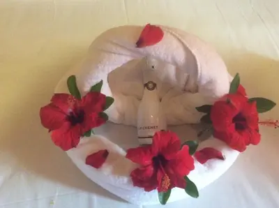 a wreath with red flowers on top of it at Kato Stalos Mare in Stalos
