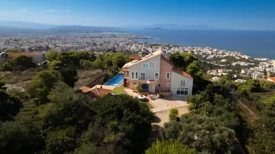 an aerial view of a house with a swimming pool at Casa di Goya in Chania Town