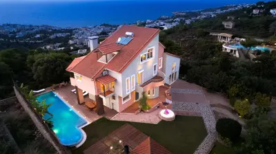 an aerial view of a house with a swimming pool at Casa di Goya in Chania Town