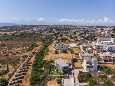 an aerial view of a city with houses at Tholos Apartments in Chania Town