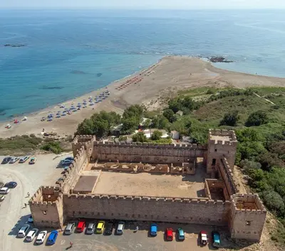 an aerial view of a castle and a beach at SUNRISE Spacious Apartment With 3 Bedrooms & 3 Bathrooms -Near to Chania in Kolymvari