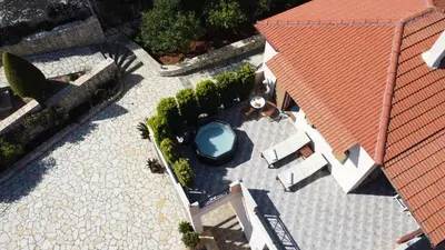 an overhead view of a patio with a roof at Zafeiria's Suite in Vamos