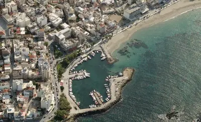 an aerial view of a harbor with boats in the water at Lazaretta apartment in Chania Town