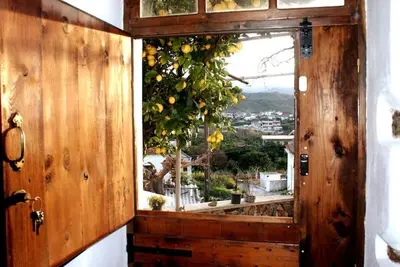 a wooden door with a window with a view at Afrodite's House-Restaurated Oil Factory in Ayiá