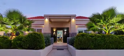 a house with palm trees in front of it at Luxury Villa Eva-Mari with jacuzzi, 50m from the beach in Stalos