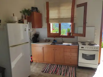 a kitchen with a white refrigerator and a sink at Stefanis traditional house - Kampos in Kámbos