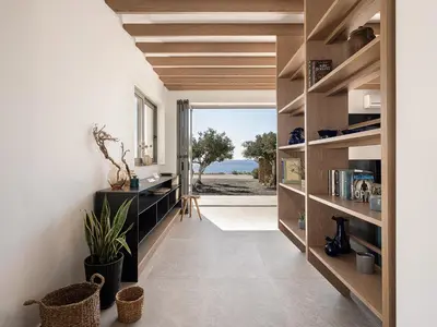 a home hallway with a view of the ocean at Anthos in Frangokastello