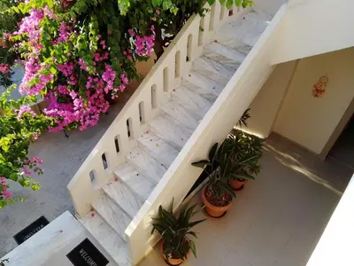 an overhead view of a staircase with plants and flowers at Irini Apartments in Plataniás