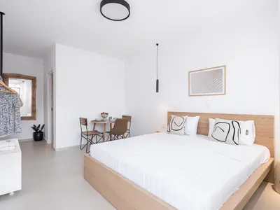 a bedroom with a large white bed in a room at Astra boutique suites at Agia Marina Beach in Agia Marina Nea Kydonias