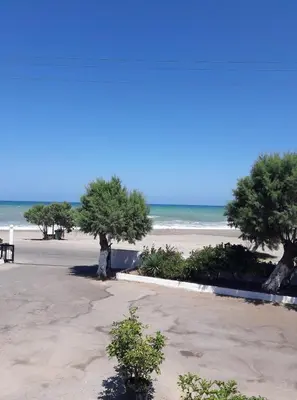 a person standing on a beach with two trees at Agiazi Beachfront Apartment in Chania Town
