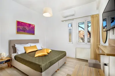 a bedroom with a bed with yellow pillows and a television at Vagioni Seaside Villa in Kounoupidhianá