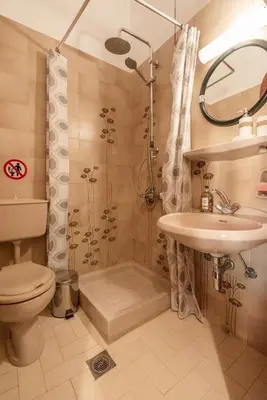 a bathroom with a shower and a sink and a toilet at Calliope Rooms 1 in Kissamos