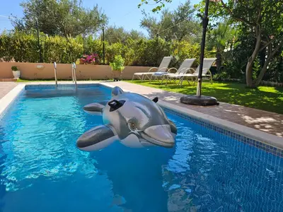 a dolphin toy in the water in a swimming pool at Belle Verte Villa Maleme in Maleme